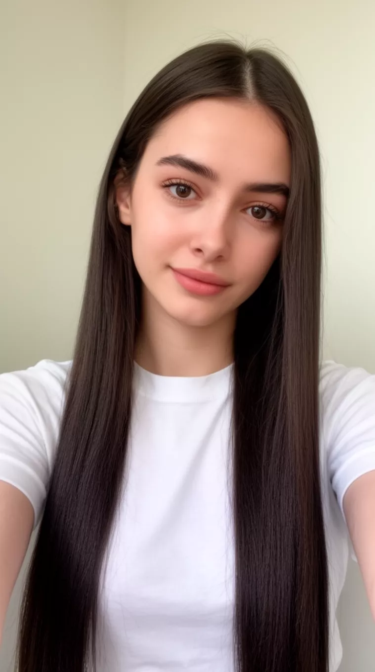 selfie of a 22-year-old woman wearing a minimalist white tee with an Ultra-Long Silky Straight hairstyle, minimal background