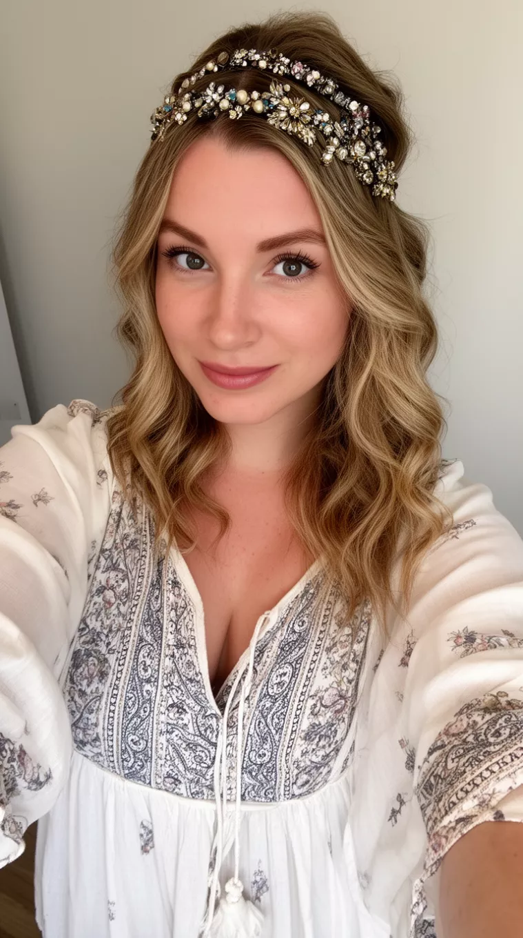 selfie of a 26-year-old woman wearing a boho tunic with a Hair Jewelry Embellished Waves hairstyle, minimal background