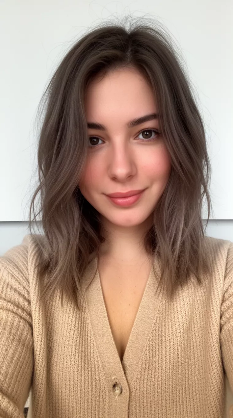 selfie of a 29-year-old woman wearing a beige cardigan with a Wispy Side Fringes hairstyle, minimal background