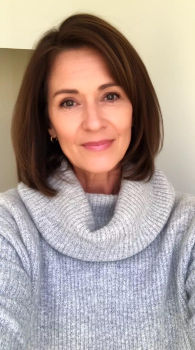 Collarbone Cut selfie of a 40-year-old woman wearing a cowl neck sweater with a Collarbone Cut hairstyle, minimal background