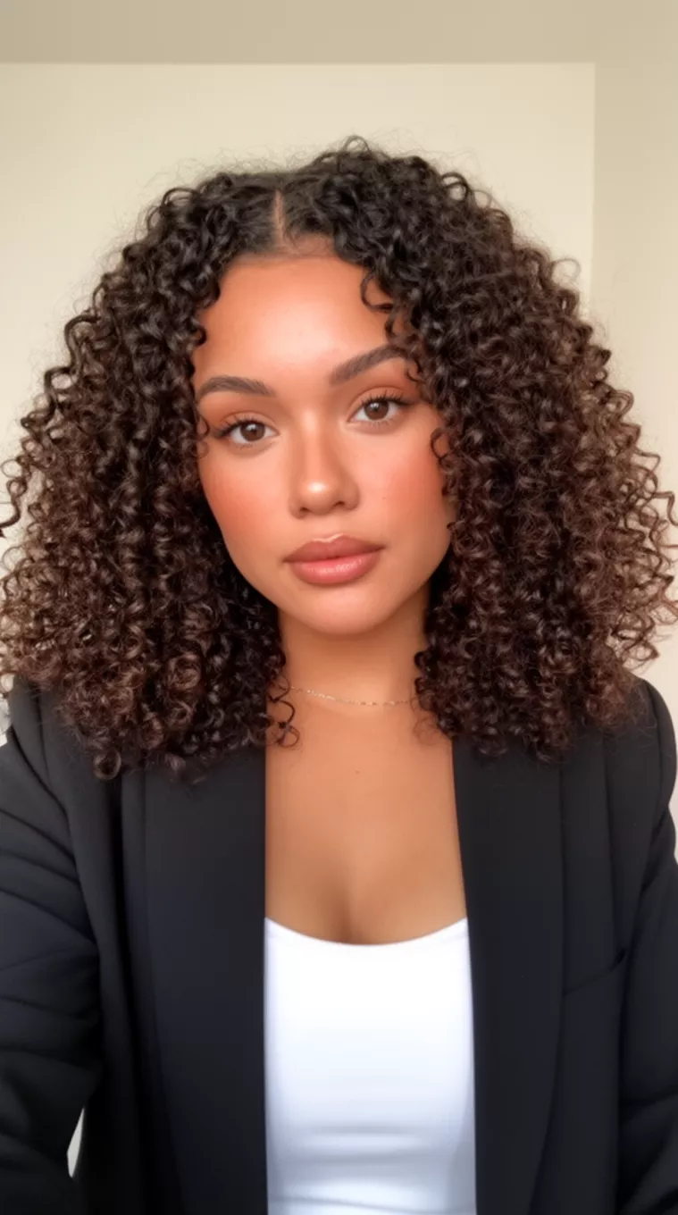 Full Curls selfie of a 24-year-old woman wearing a black blazer over white top with a Full Curls hairstyle, minimal background