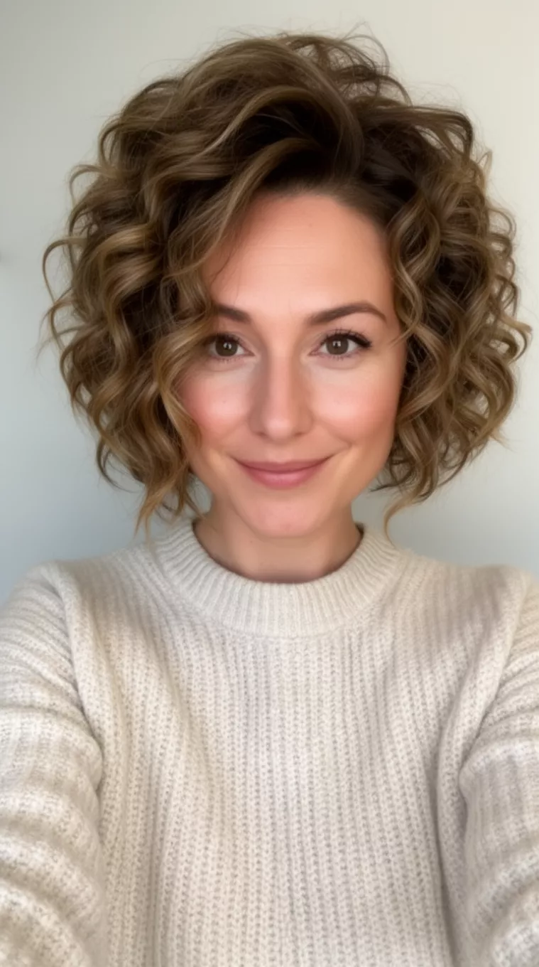 Midi Blowout selfie of a 31-year-old woman wearing a sweater with a Midi Blowout hairstyle, minimal background
