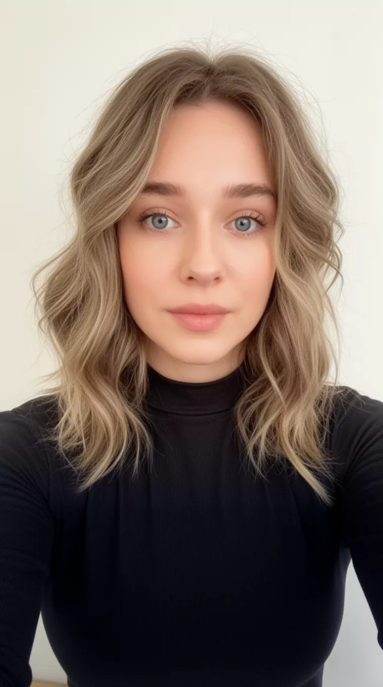 Ghost Layers selfie of a 27-year-old woman wearing a mock neck top with a Ghost Layers hairstyle, minimal background