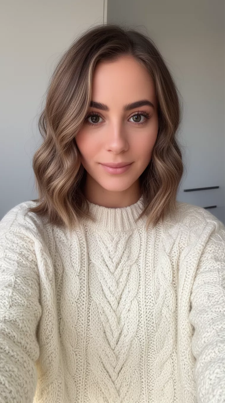 Lived-In Lengths selfie of a 25-year-old woman wearing a cream cable-knit sweater with a Lived-In Lengths hairstyle, minimal background