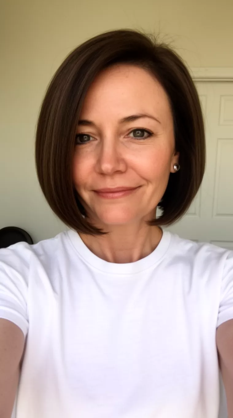 Curved Lob selfie of a 42-year-old woman wearing a white t-shirt with a Curved Lob hairstyle, minimal background