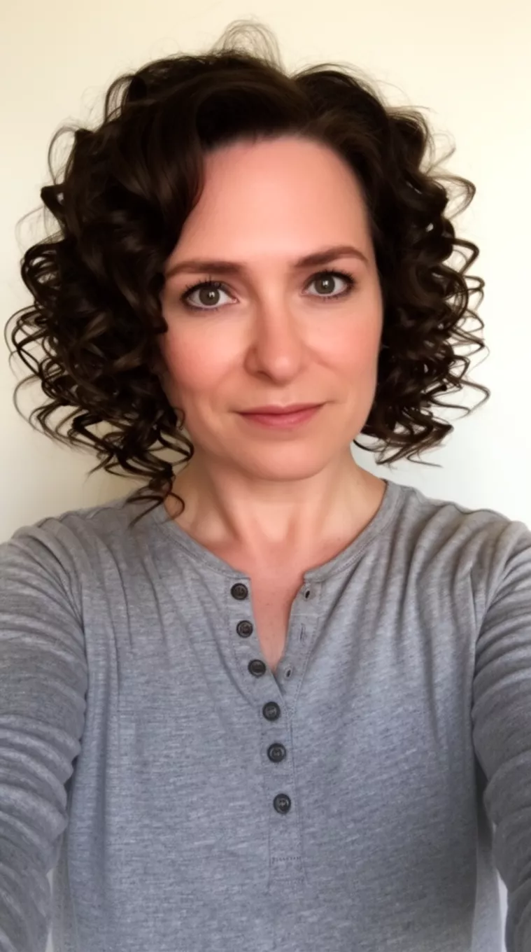 Sculptural Curls selfie of a 37-year-old woman wearing a henley shirt with a Sculptural Curls hairstyle, minimal background