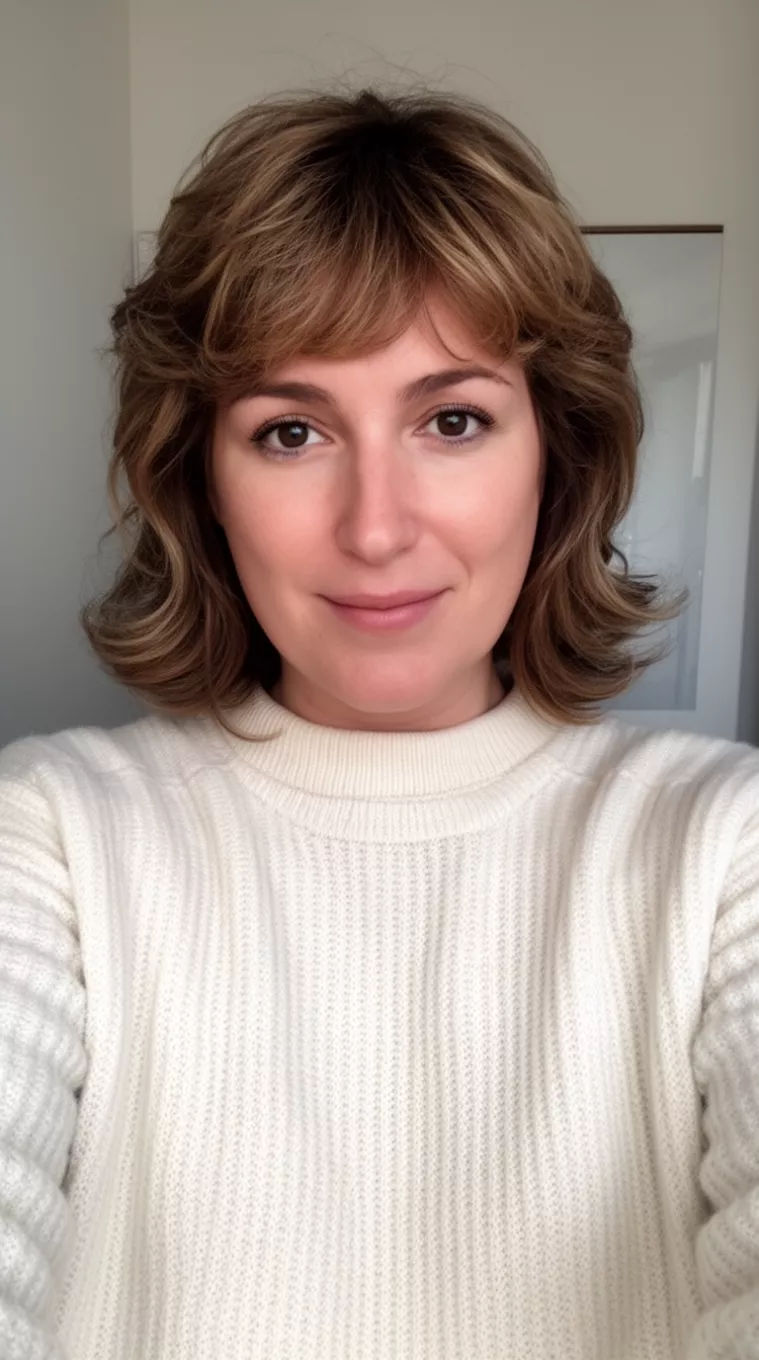 '90s Lob selfie of a 34-year-old woman wearing a crew neck pullover sweater with a '90s Lob hairstyle, minimal background