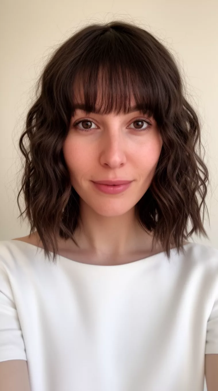 Wavy Curtain Bangs selfie of a 30-year-old woman wearing a boatneck top with a Wavy Curtain Bangs hairstyle, minimal background