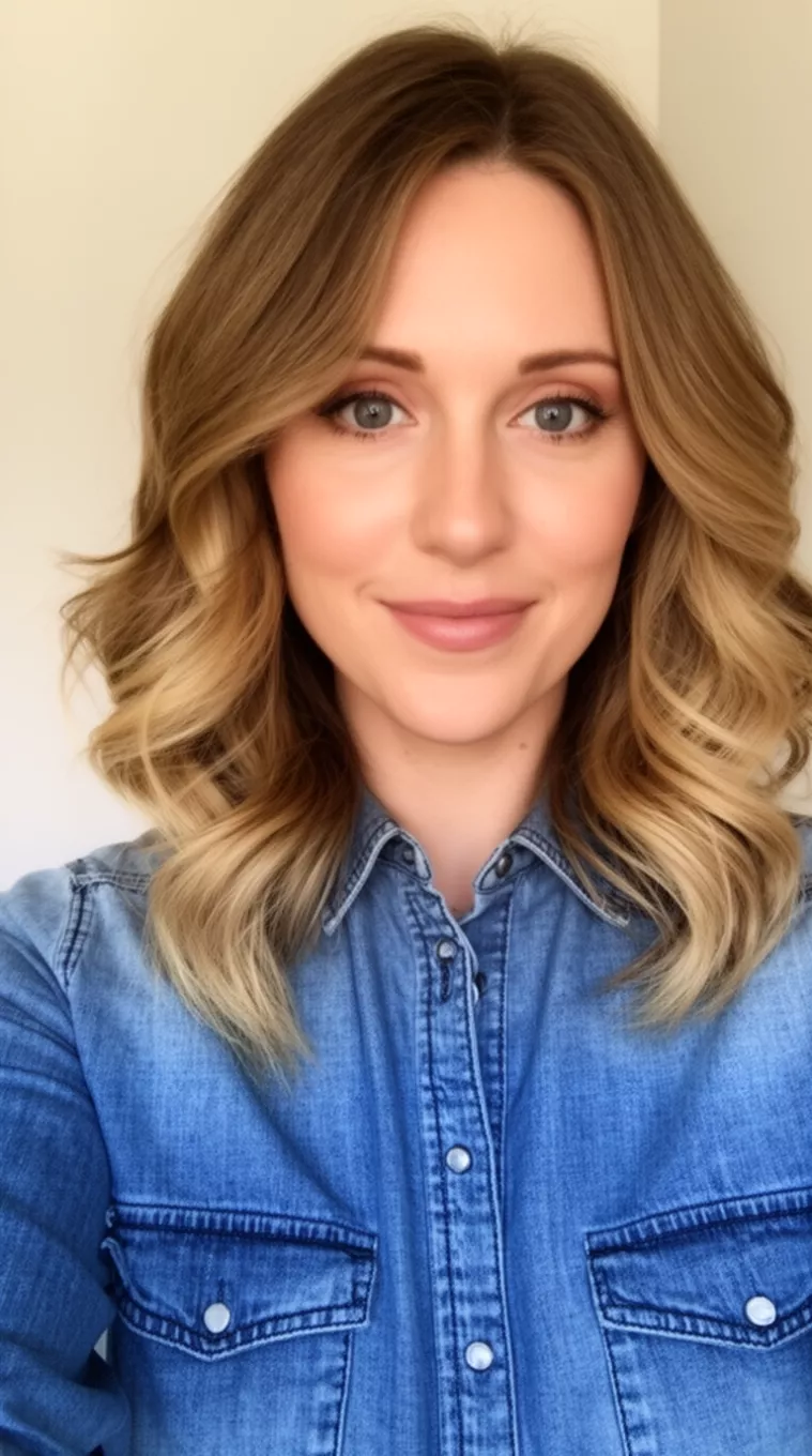 Butterfly Layers selfie of a 30-year-old woman wearing a denim button-up shirt with a Butterfly Layers hairstyle, minimal background