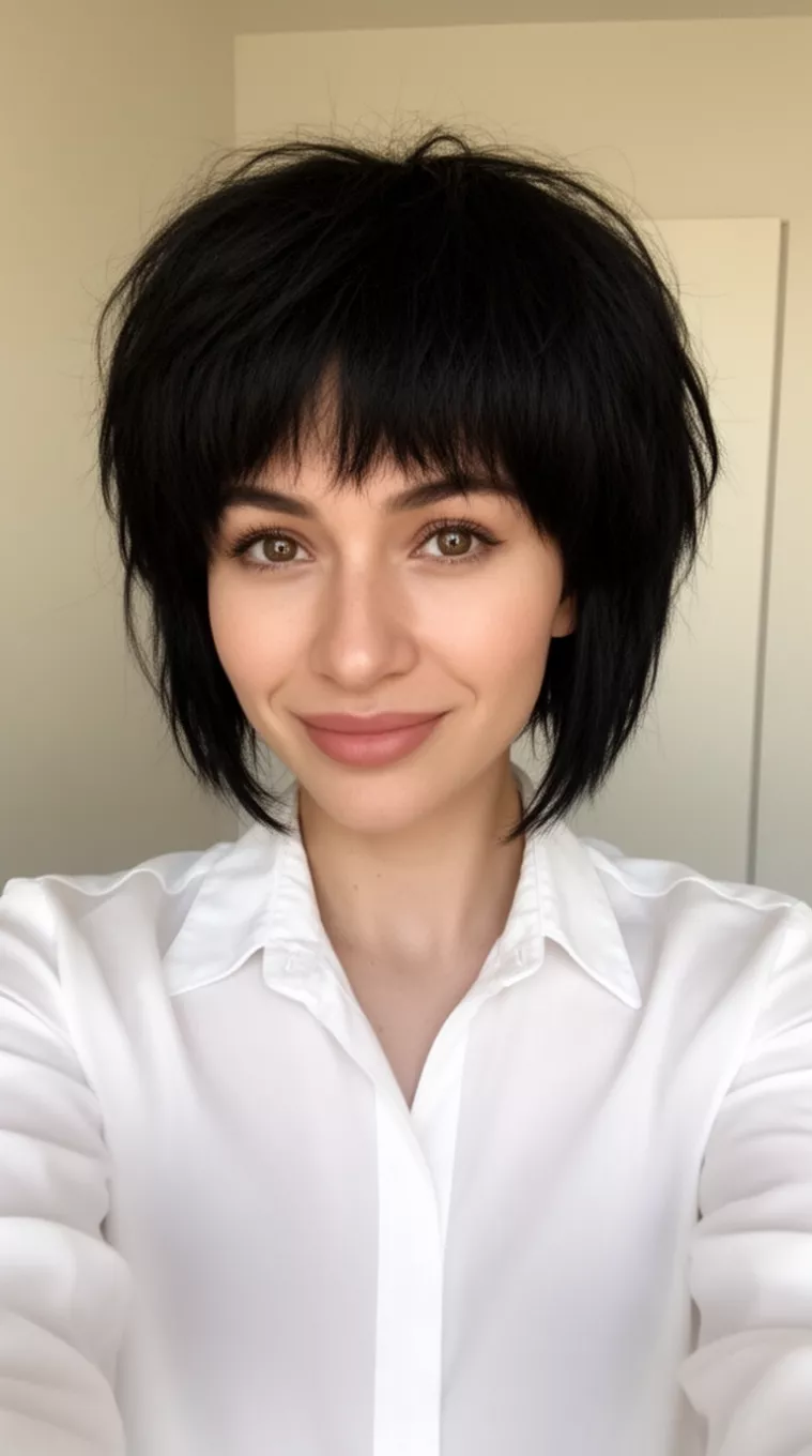 Modern Shag selfie of a 28-year-old woman wearing a white collared blouse with a Modern Shag hairstyle, minimal background