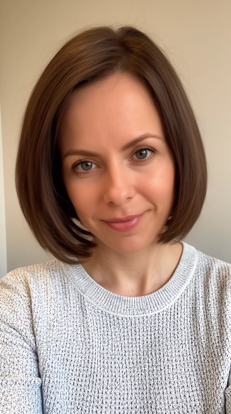 Soft-Structured Lob selfie of a 32-year-old woman wearing a professional knit top with a Soft-Structured Lob hairstyle, minimal background