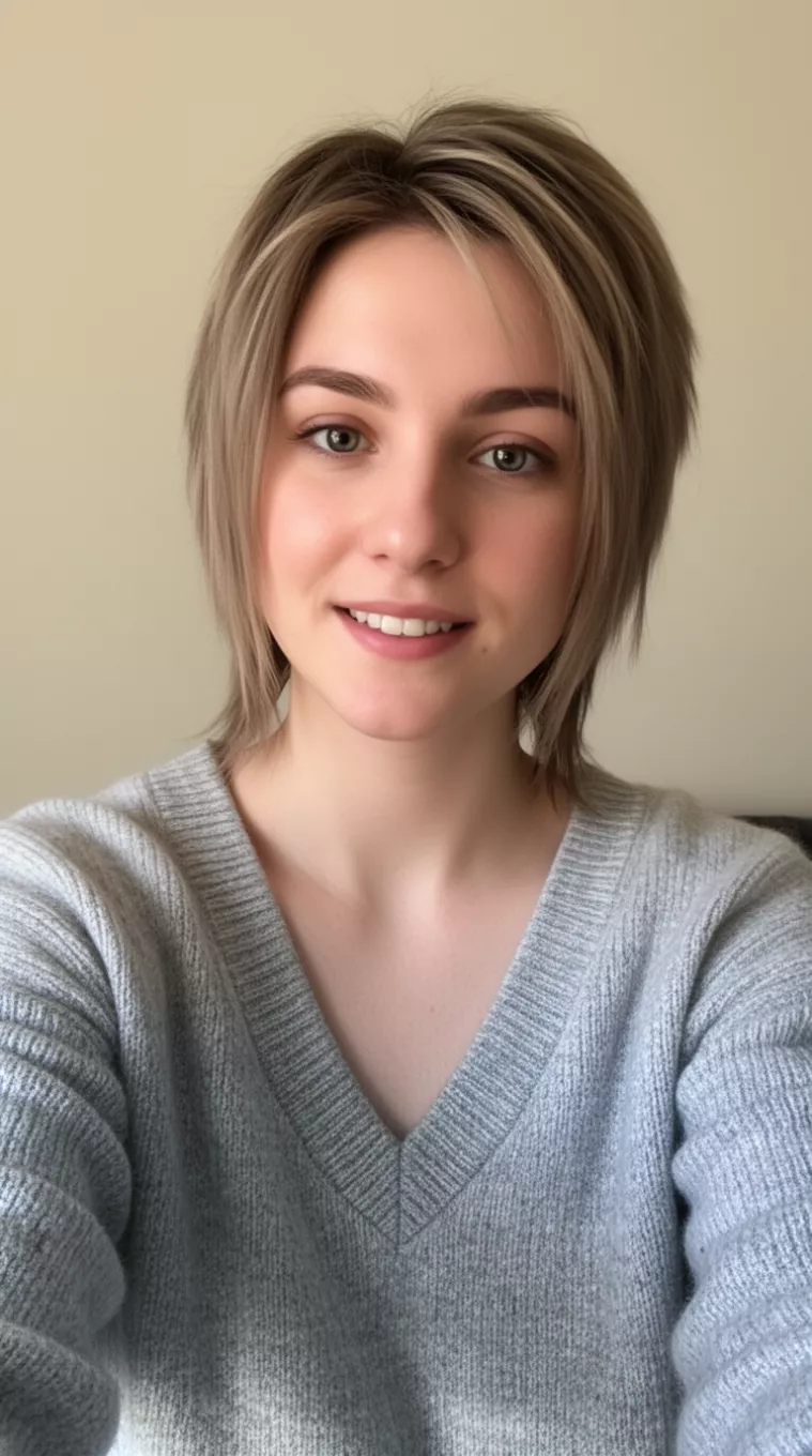 Piece-Y Punk Layers selfie of a 23-year-old woman wearing a v-neck sweater with a Piece-Y Punk Layers hairstyle, minimal background