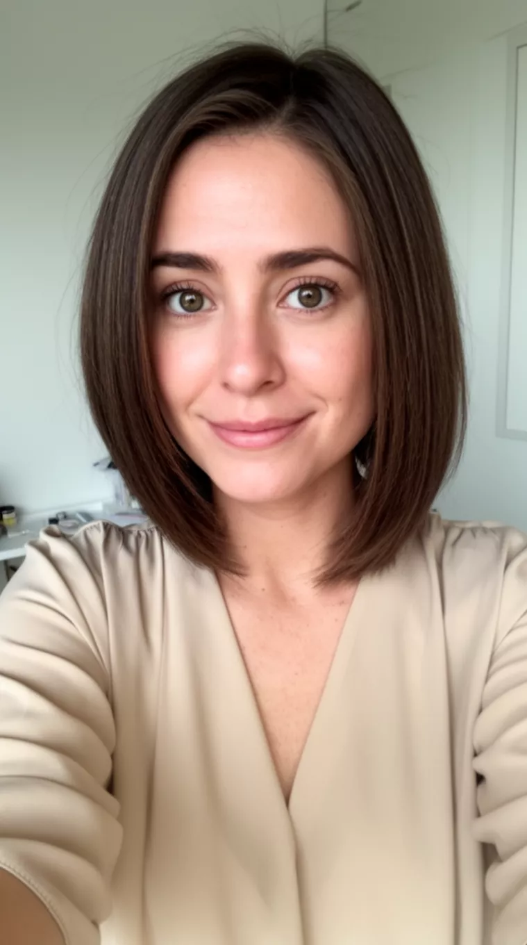 Flippy Ends Lob selfie of a 31-year-old woman wearing a neutral blouse with a Flippy Ends Lob hairstyle, minimal background
