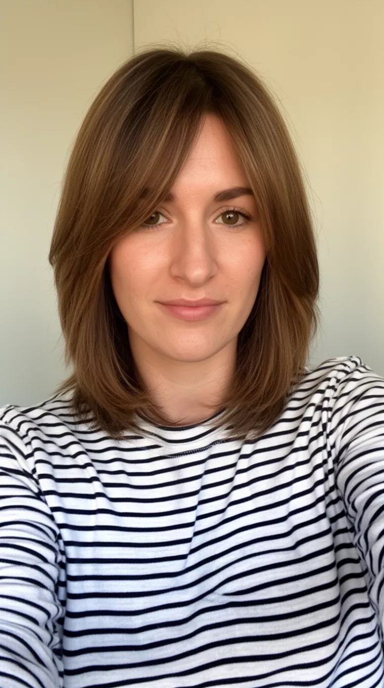 Shoulder-Length Layers selfie of a 27-year-old woman wearing a striped long-sleeve shirt with a Shoulder-Length Layers hairstyle, minimal background