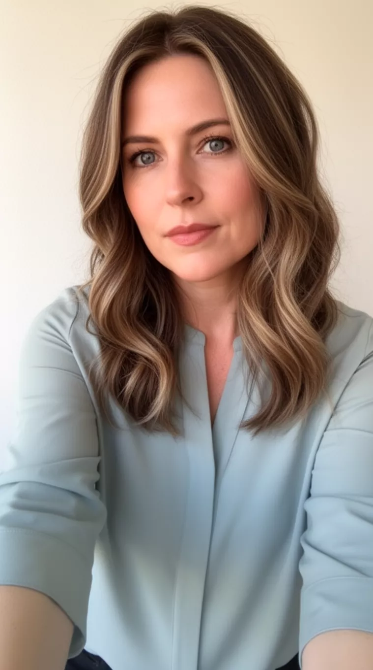 Soft Subtle Layers selfie of a 36-year-old woman wearing a three-quarter sleeve blouse with a Soft Subtle Layers hairstyle, minimal background