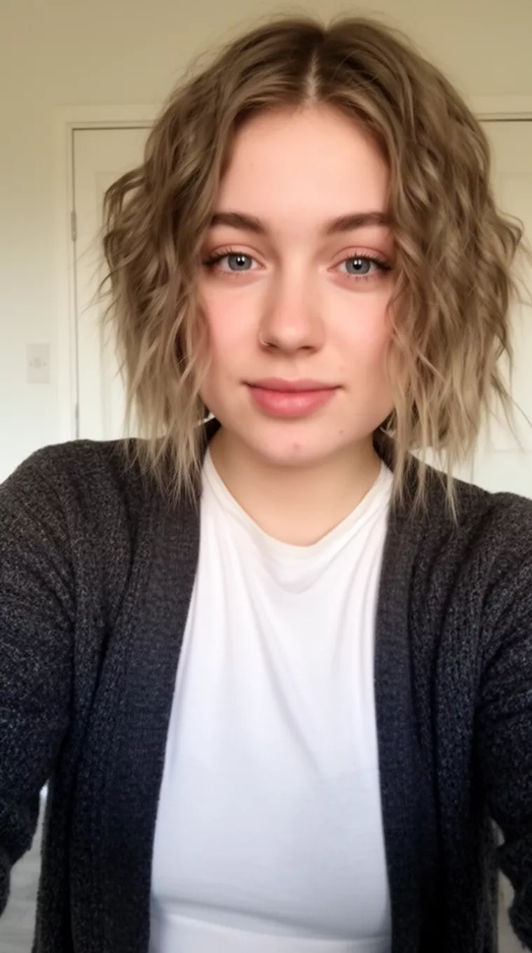 Jagged Lob selfie of a 21-year-old woman wearing a cardigan over basic top with a Jagged Lob hairstyle, minimal background