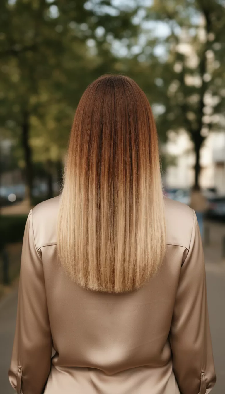 casual photo of a 38-year-old woman wearing a beige silk blouse with a caramel brown to champagne blonde ombre straight hairstyle, back view, shot with an iPhone 15 Pro Max