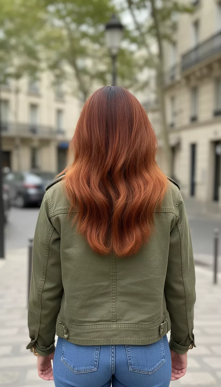 casual photo of a 39-year-old woman wearing an olive green jacket with a burnt sienna ombre hairstyle, back view, shot with an iPhone 15 Pro Max