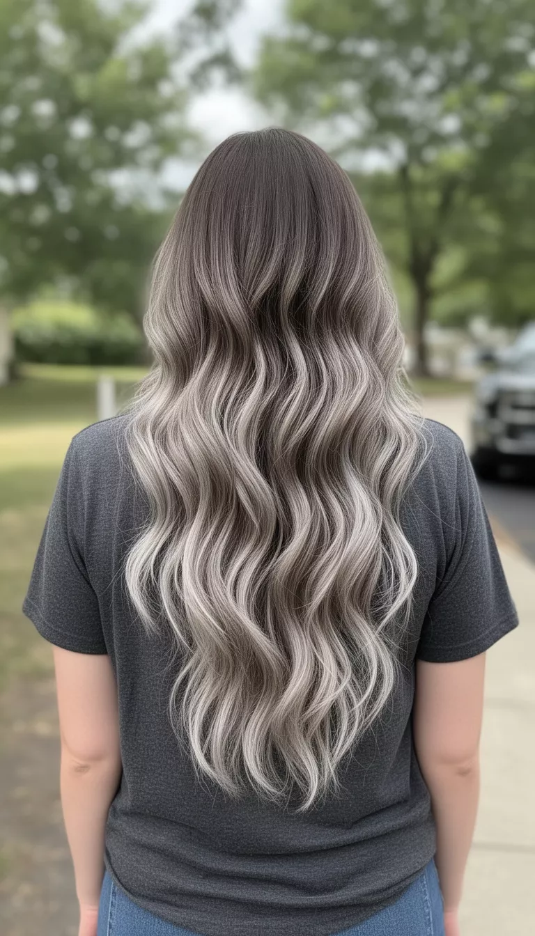 casual photo of a 31-year-old woman wearing a charcoal grey t-shirt with an ash brown to ashy blonde ombre long wavy hairstyle, back view, shot with an iPhone 15 Pro Max