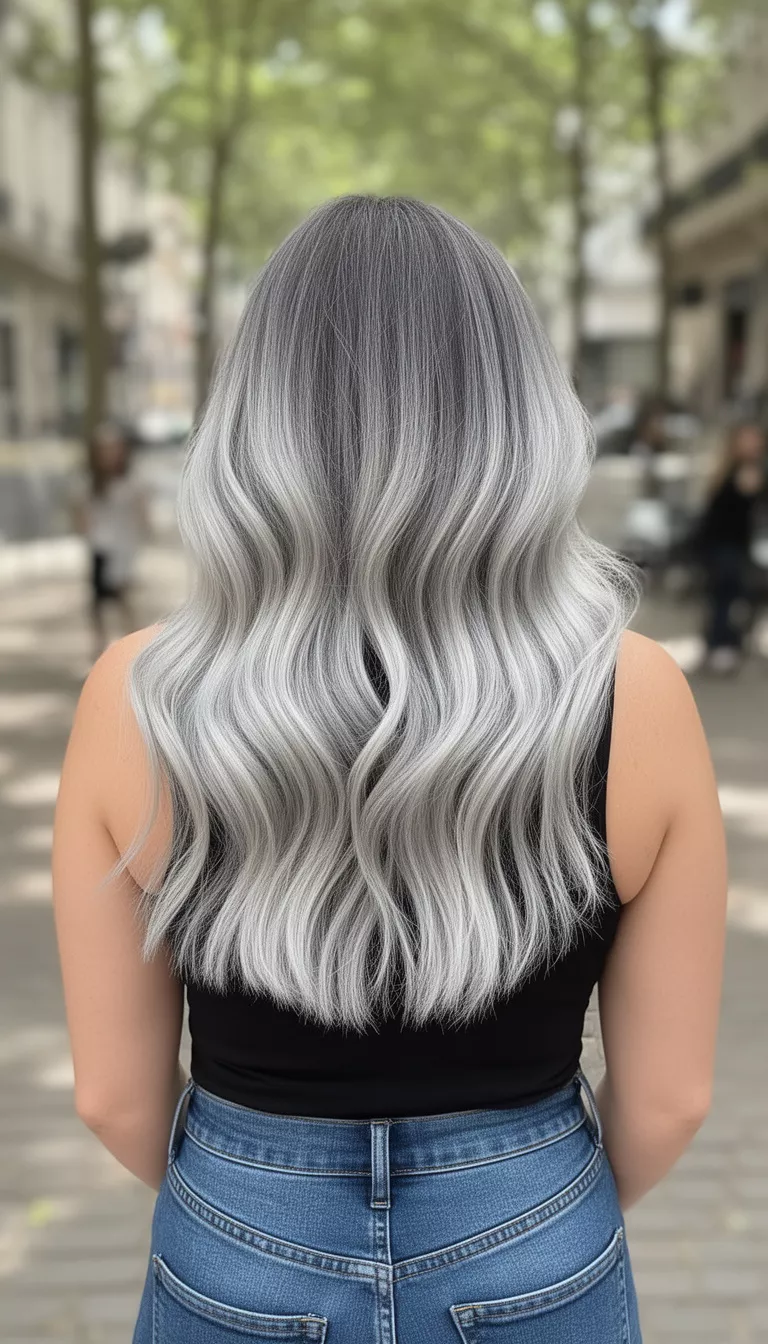 casual photo of a 34-year-old woman with an ash grey to platinum ombre hairstyle, back view, shot with an iPhone 15 Pro Max