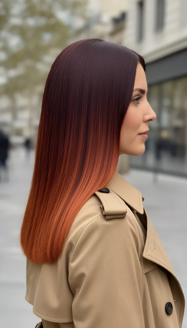 casual photo of a 36-year-old woman wearing a tan trench coat with a dark to auburn copper ombre sleek straight hairstyle, side view, shot with an iPhone 15 Pro Max