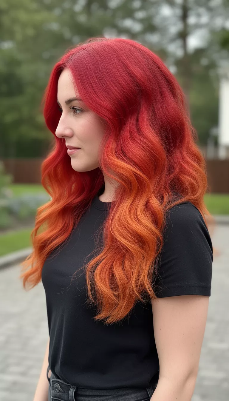 casual photo of a 31-year-old woman wearing a basic black t-shirt with a fire red to burnt orange ombre wavy hairstyle, side view, shot with an iPhone 15 Pro Max