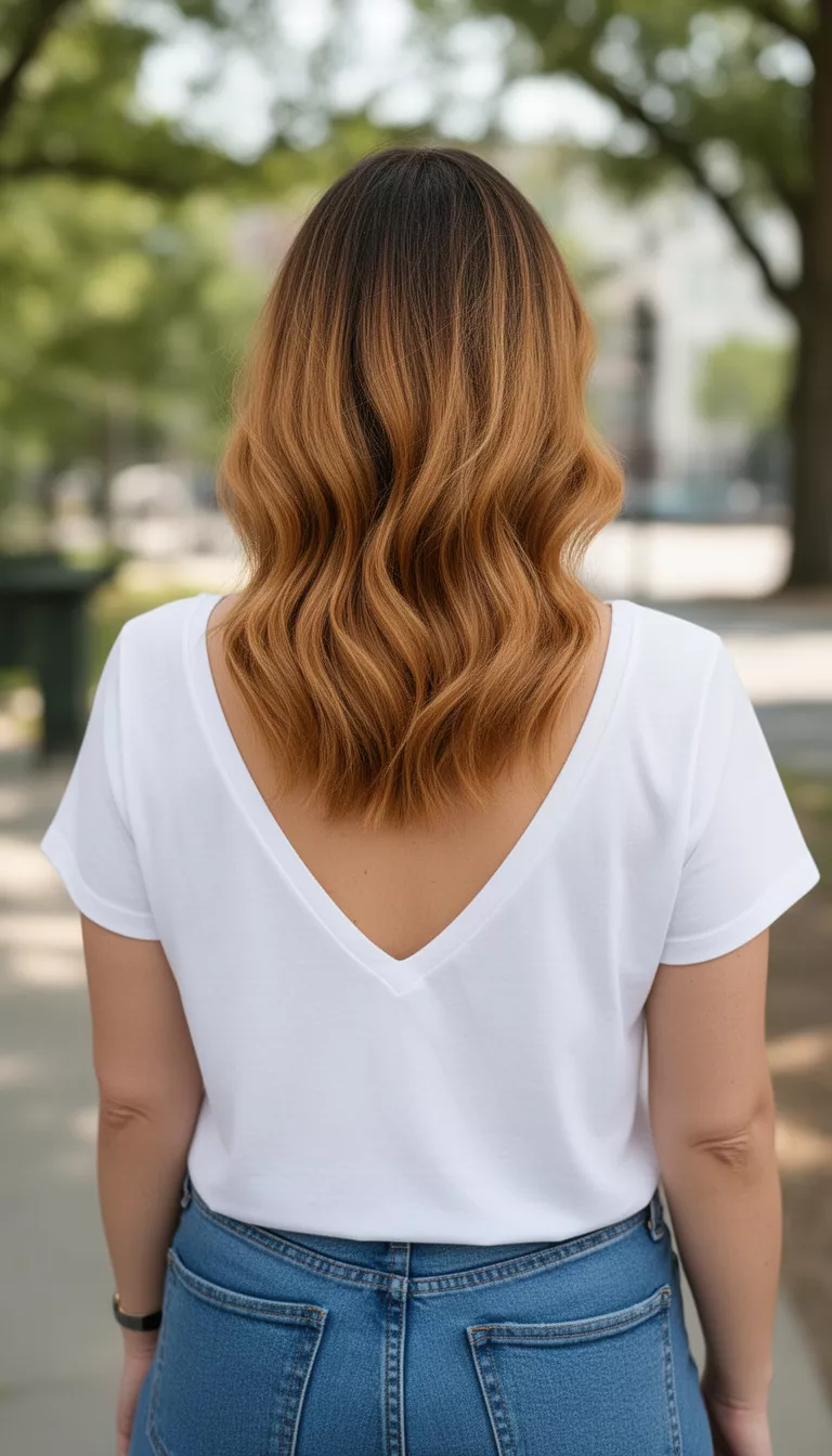 casual photo of a 37-year-old woman wearing a white v-neck t-shirt with a caramel ombre hairstyle, back view, shot with an iPhone 15 Pro Max