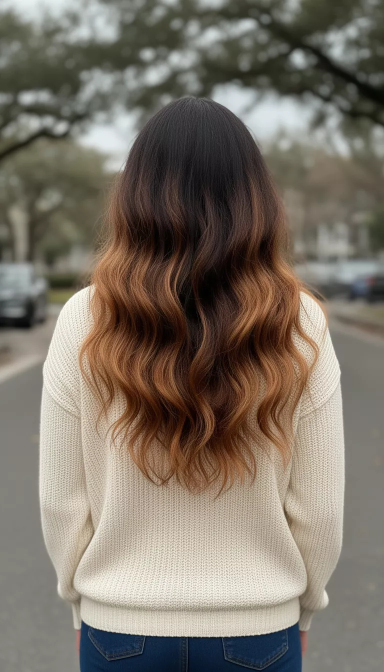 casual photo of a 35-year-old woman wearing a cream-colored knit sweater with a dark brown to caramel ombre long wavy hairstyle, back view, shot with an iPhone 15 Pro Max