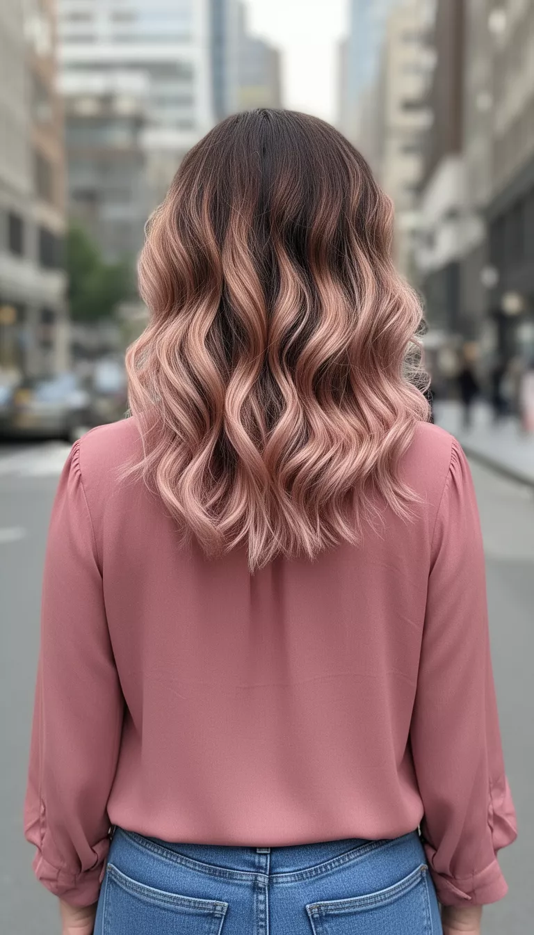 casual photo of a 30-year-old woman wearing a dusty rose blouse with a rose gold ombre medium-length wavy hairstyle, back view, shot with an iPhone 15 Pro Max