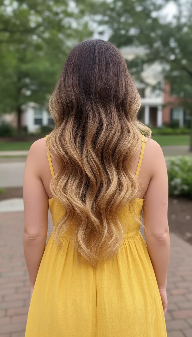 casual photo of a 33-year-old woman wearing a yellow sundress with a brown to golden blonde ombre long hairstyle using extensions, back view, shot with an iPhone 15 Pro Max