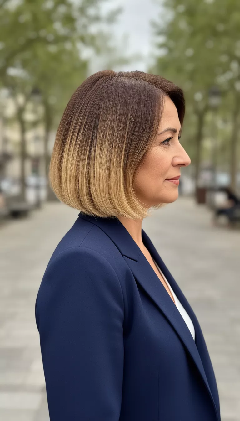 casual photo of a 45-year-old woman wearing a navy blue blazer with a classic brown to blonde ombre bob hairstyle, side view, shot with an iPhone 15 Pro Max