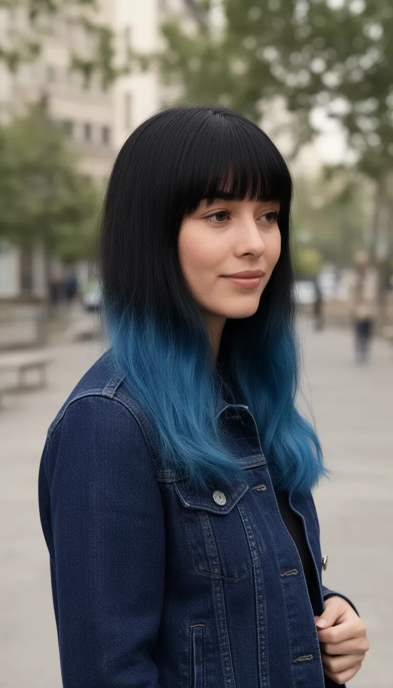 casual photo of a 29-year-old woman wearing a navy blue denim jacket with a black to blue ombre mid-length hairstyle with bangs, side view, shot with an iPhone 15 Pro Max