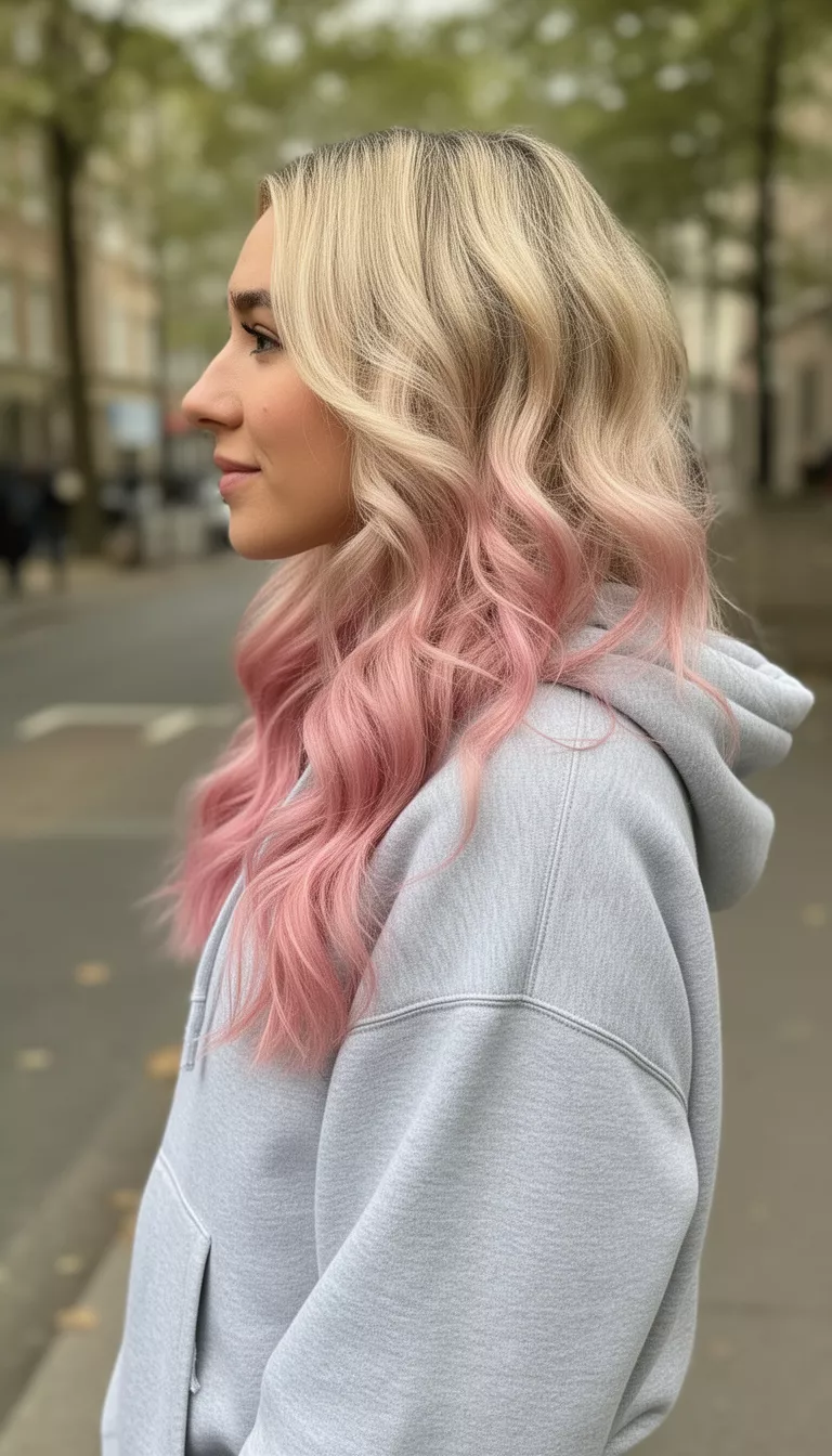 casual photo of a 26-year-old woman wearing a light grey hoodie with a blonde to pink ombre wavy hairstyle, side view, shot with an iPhone 15 Pro Max