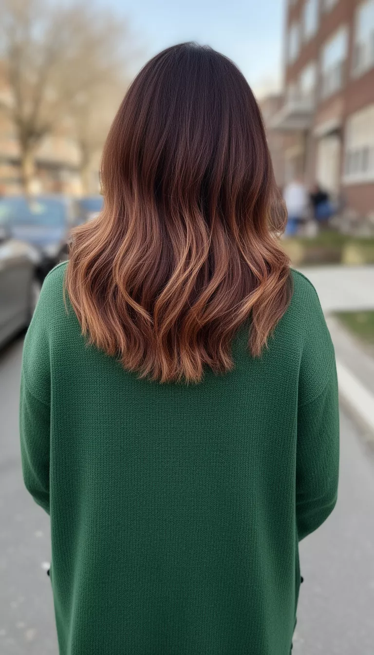 casual photo of a 40-year-old woman wearing a forest green cardigan with a chocolate brown to mocha ombre mid-length hairstyle, back view, shot with an iPhone 15 Pro Max