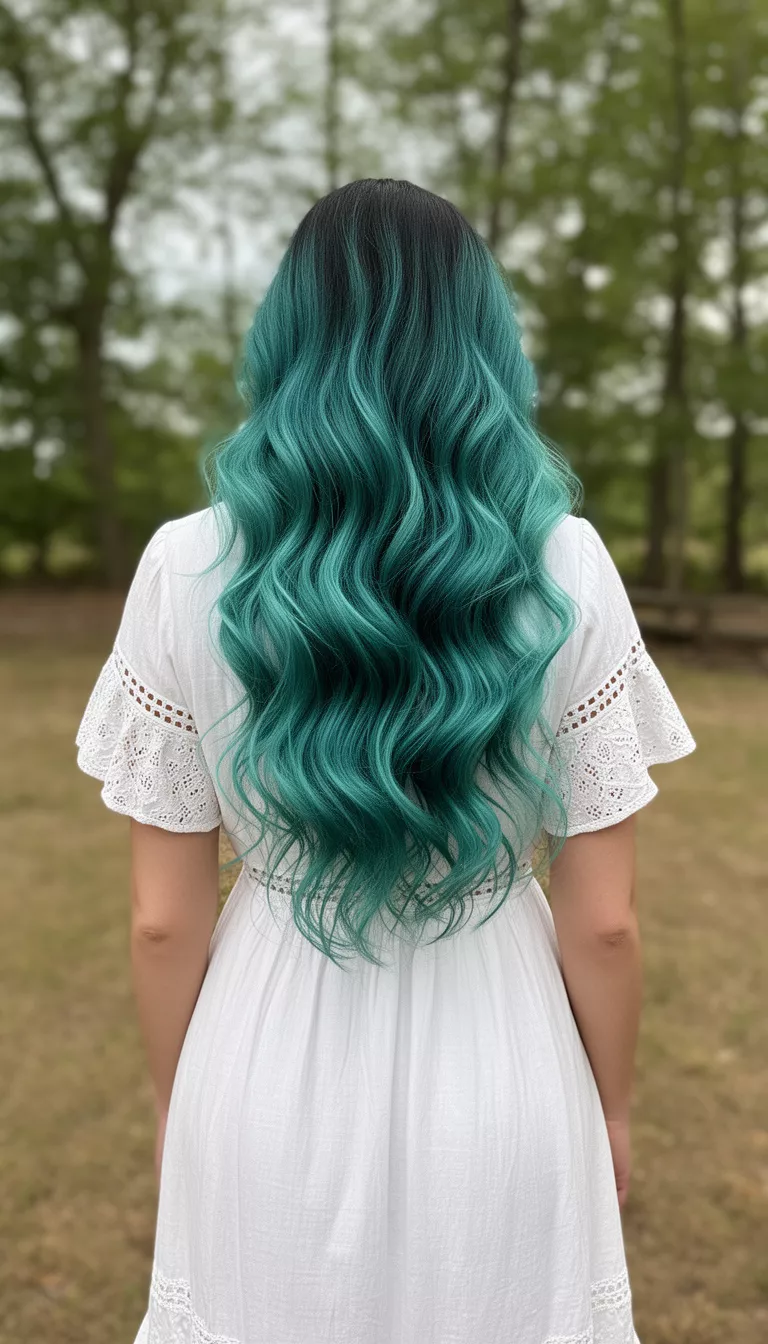 casual photo of a 28-year-old woman wearing a white boho dress with a teal mermaid ombre long hairstyle, back view, shot with an iPhone 15 Pro Max