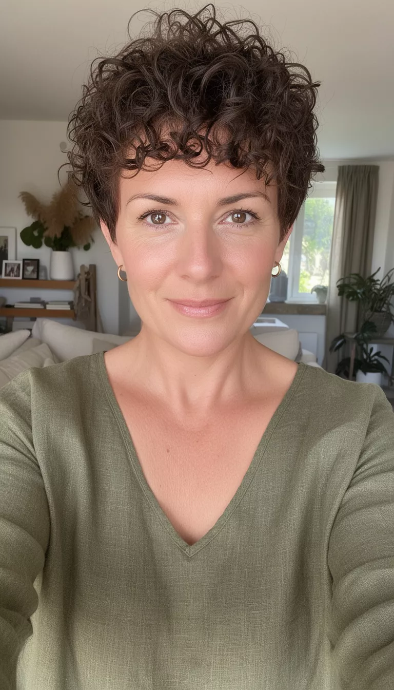 selfie of a 39-year-old woman wearing a linen v-neck in olive with a Curly Pixie hairstyle