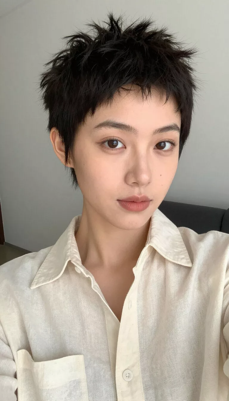selfie of a 29-year-old woman wearing a cream linen shirt with a Cloud Pixie hairstyle