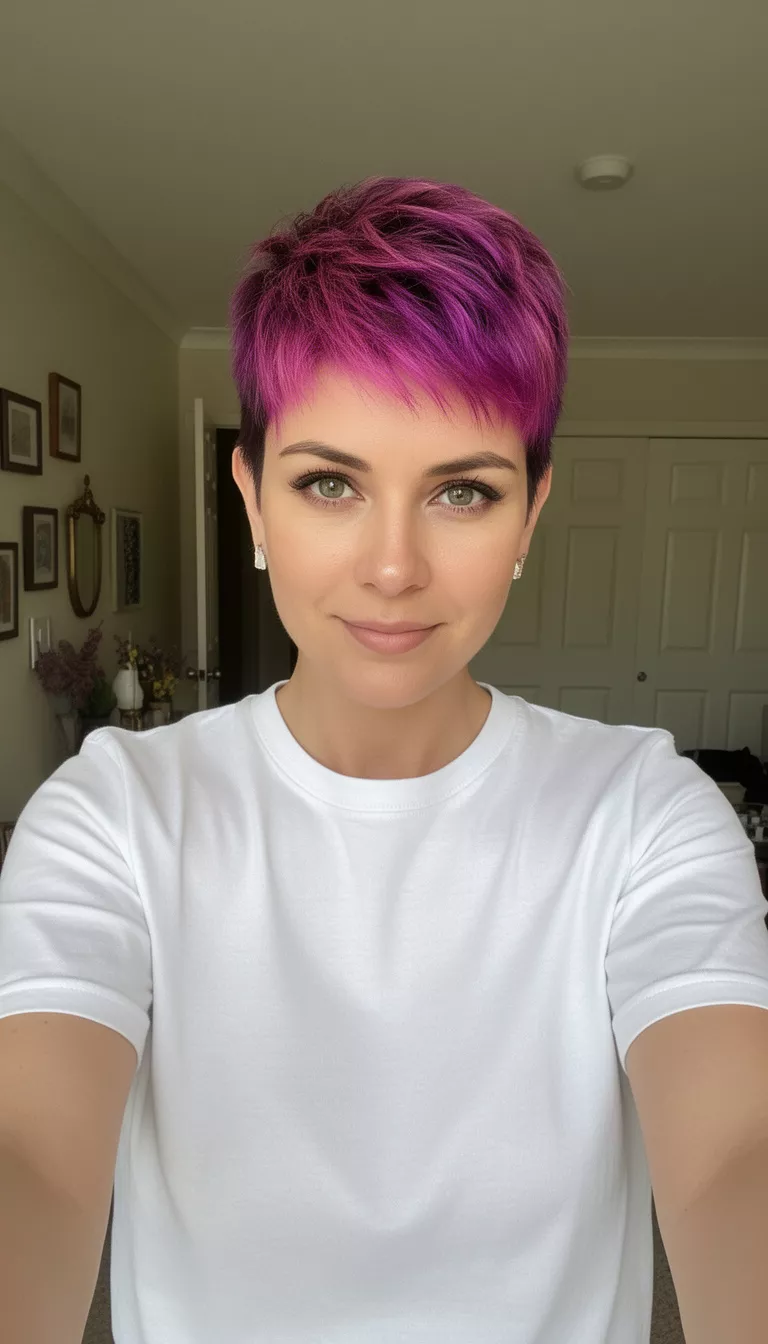 selfie of a 31-year-old woman wearing a white crew neck tee with a Bold Color Pixie hairstyle