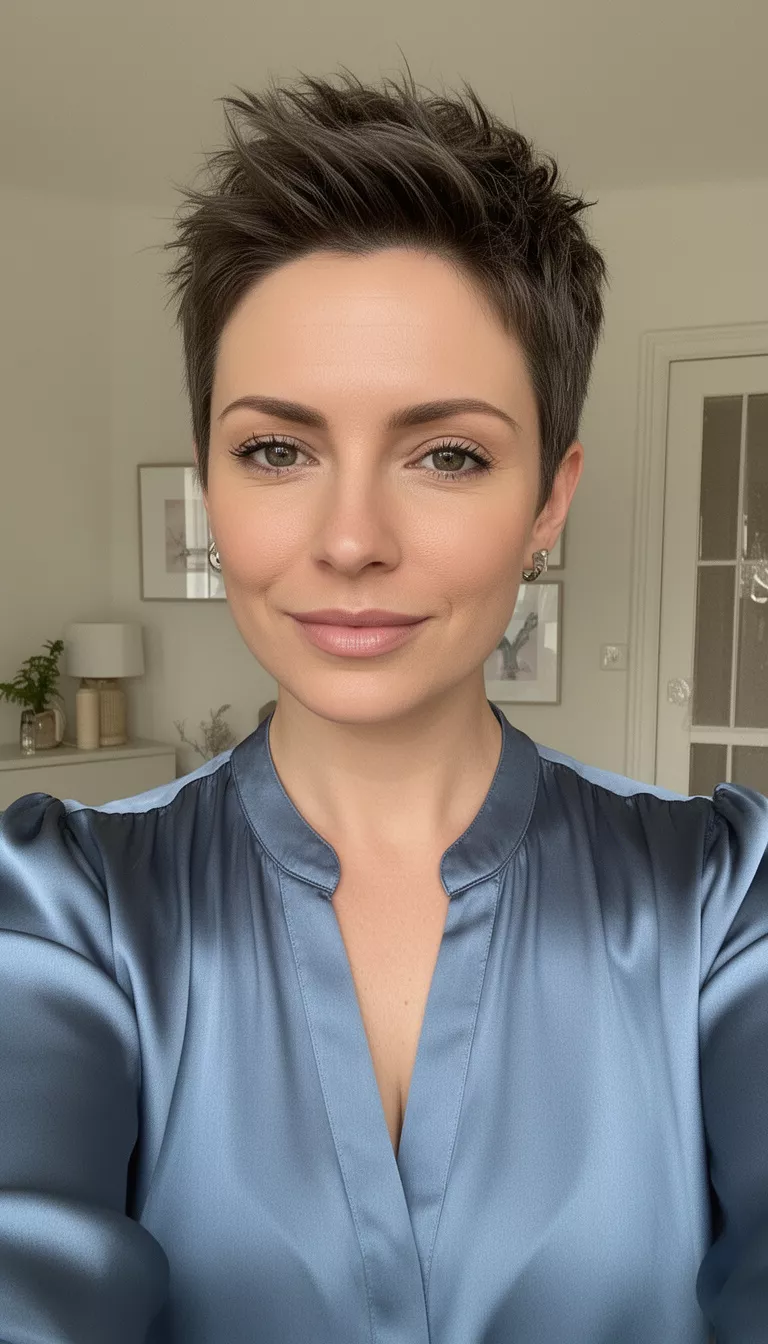 selfie of a 33-year-old woman wearing a dusty blue silk blouse with a Romantic Pixie hairstyle