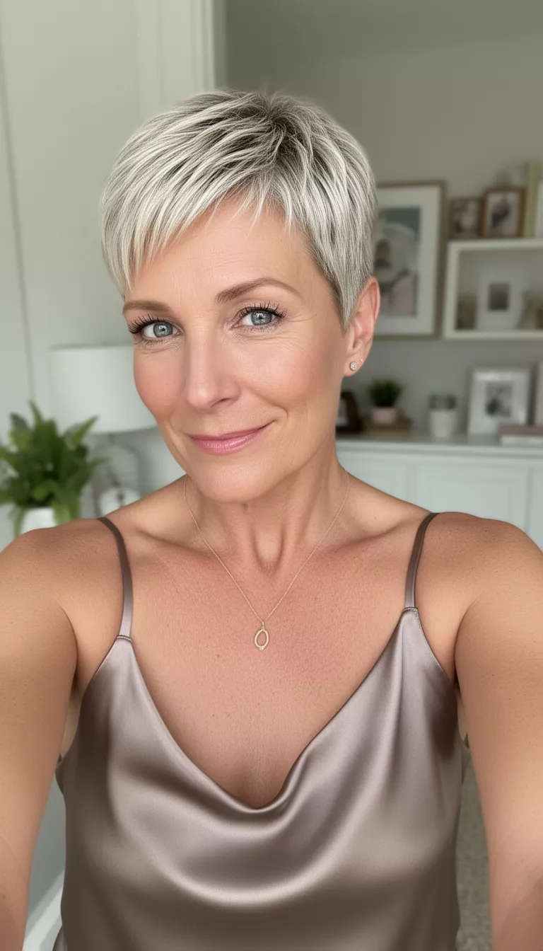 selfie of a 43-year-old woman wearing a silk camisole in taupe with a Soft Sculpted Pixie hairstyle
