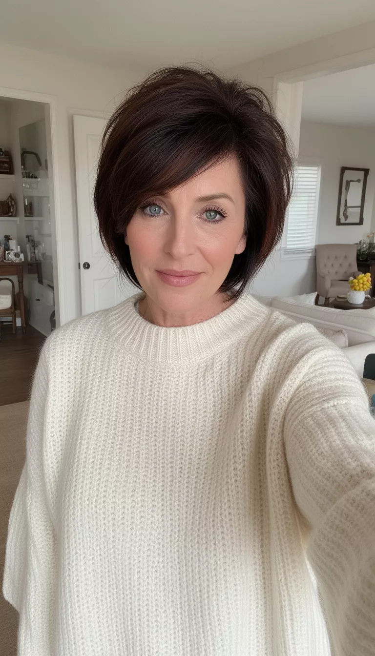 selfie of a 35-year-old woman wearing a cream oversized sweater with a Pixie for Thick Hair hairstyle