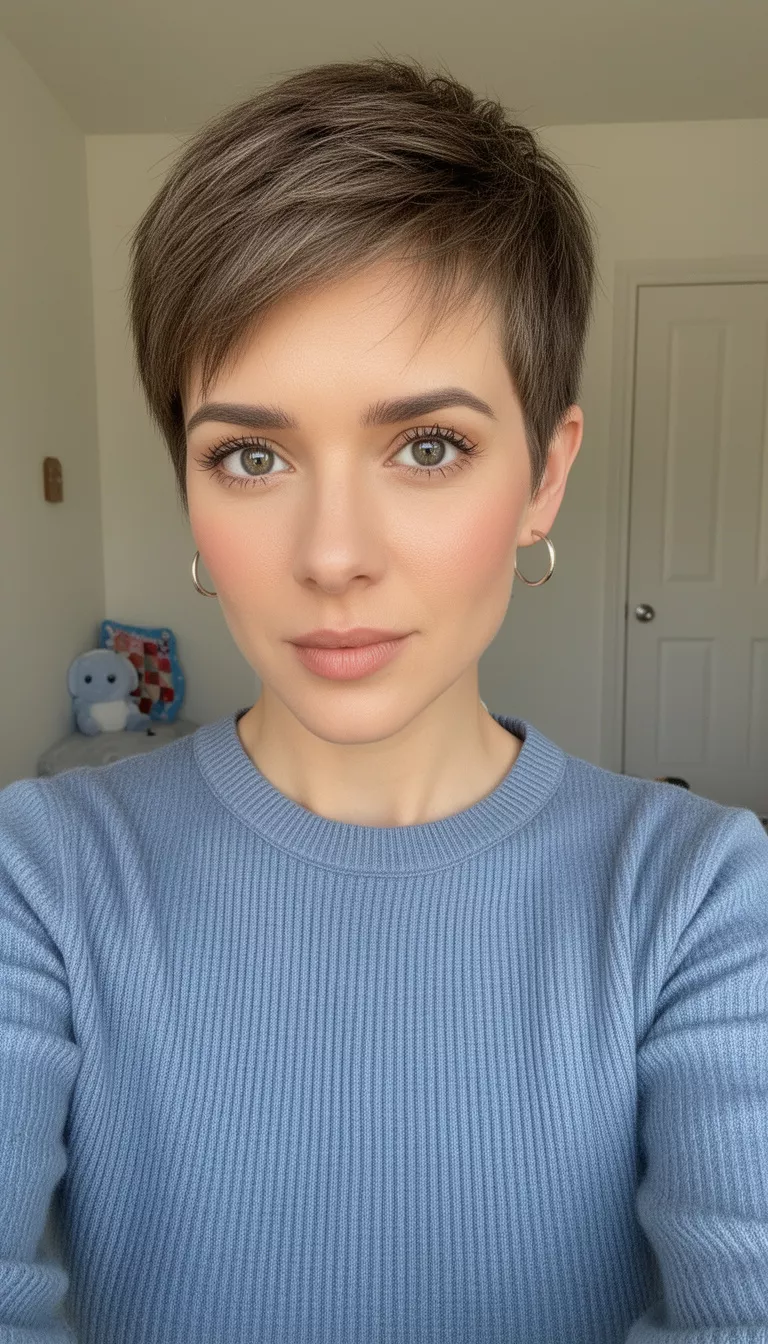 selfie of a 28-year-old woman wearing a ribbed crew neck in dusty blue with a Pixie for Fine Hair hairstyle