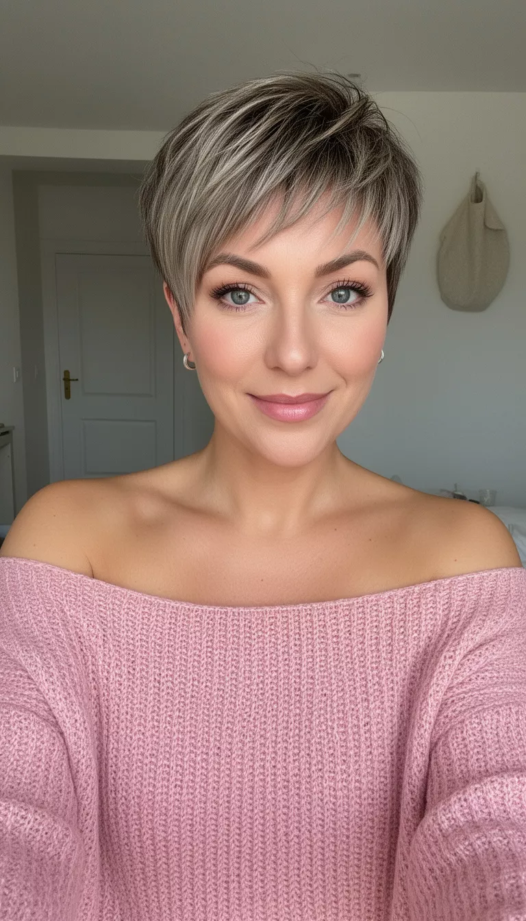 selfie of a 30-year-old woman wearing an off-the-shoulder knit in soft pink with a Layered Pixie hairstyle