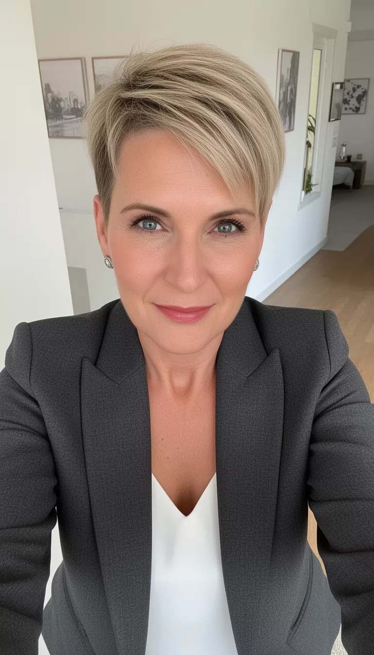 selfie of a 40-year-old woman wearing a charcoal blazer over a white top with a Side-Parted Pixie hairstyle