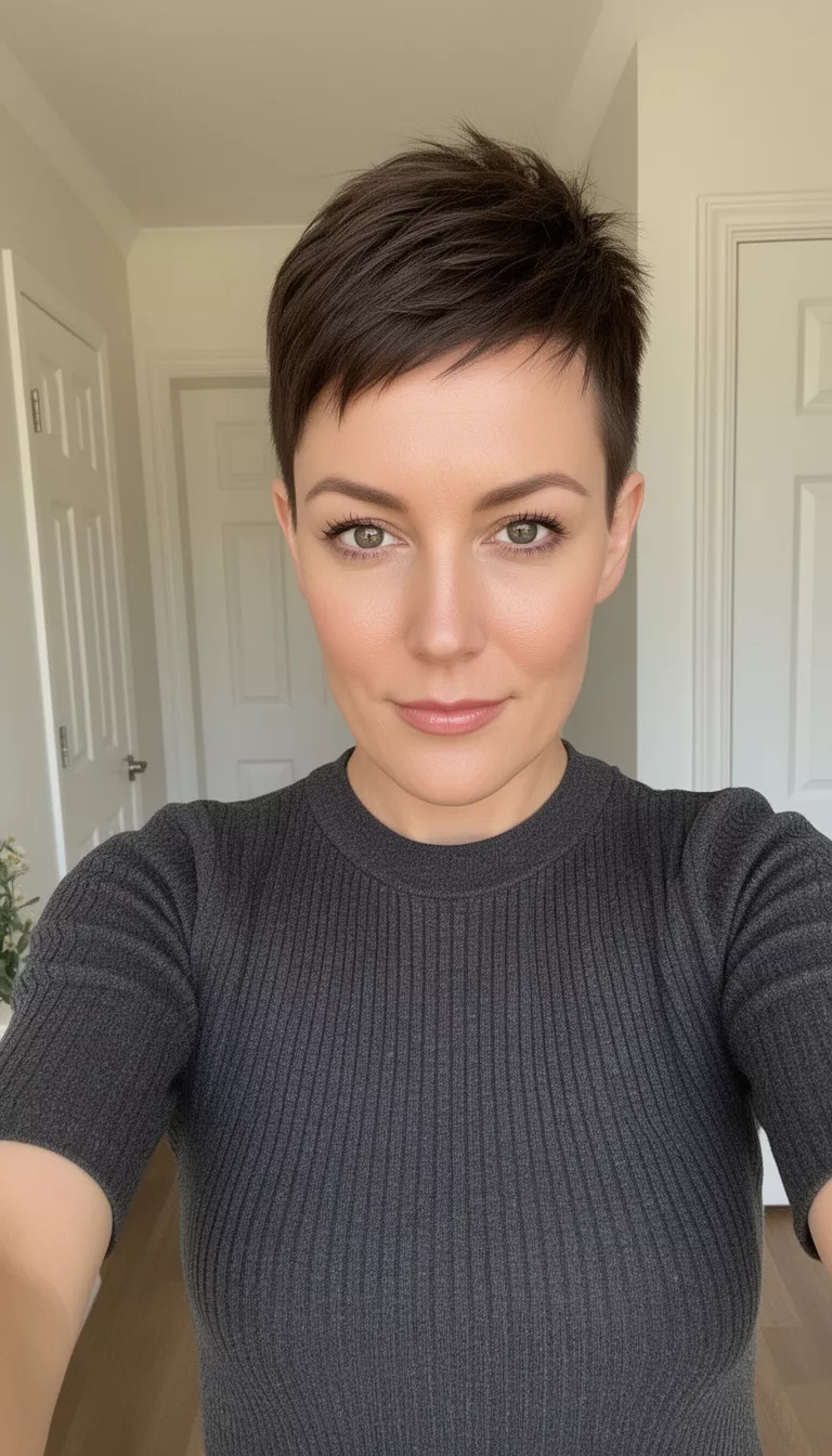 selfie of a 34-year-old woman wearing a charcoal ribbed top with an Edgy Pixie hairstyle