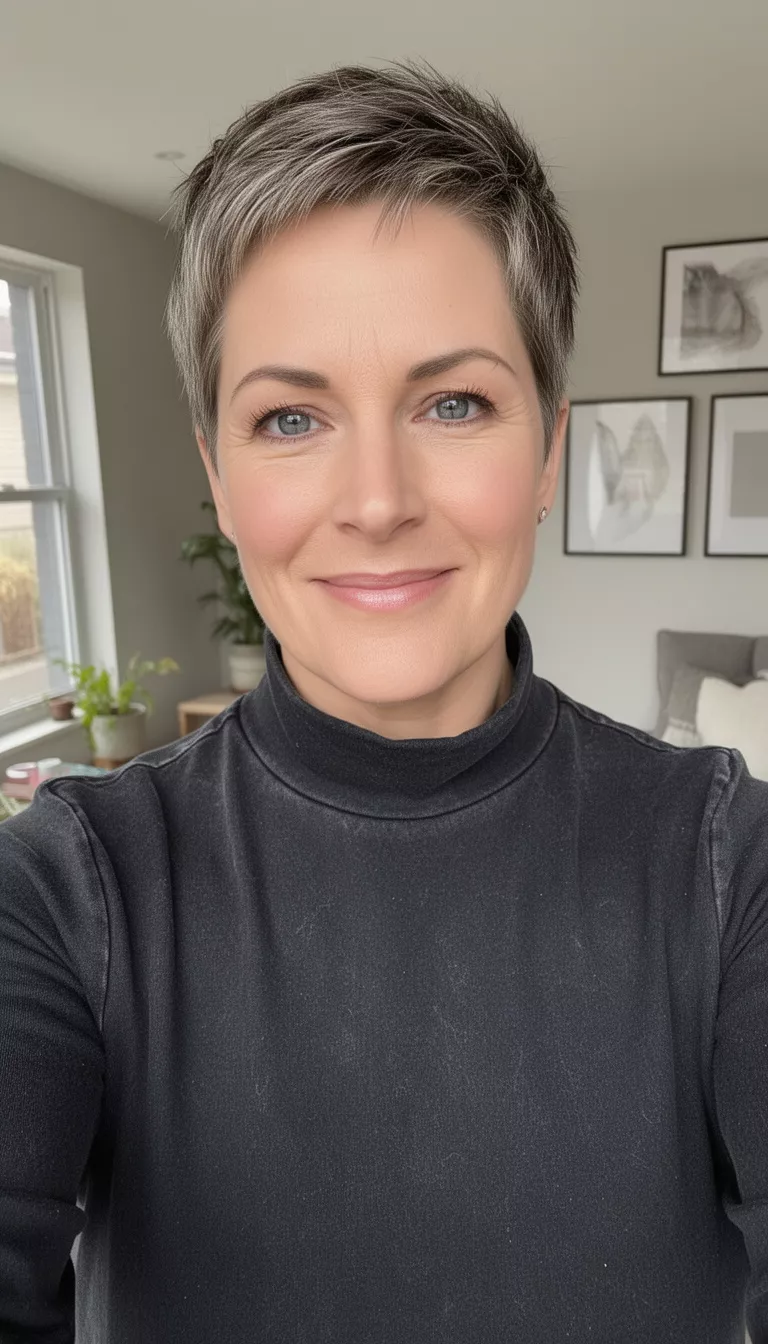 selfie of a 42-year-old woman wearing a washed black mock neck with a Precision Pixie hairstyle