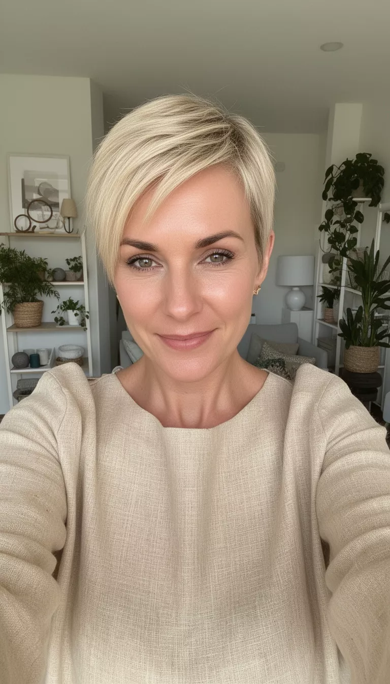 selfie of a 33-year-old woman wearing a sand colored linen top with a Blonde Pixie hairstyle