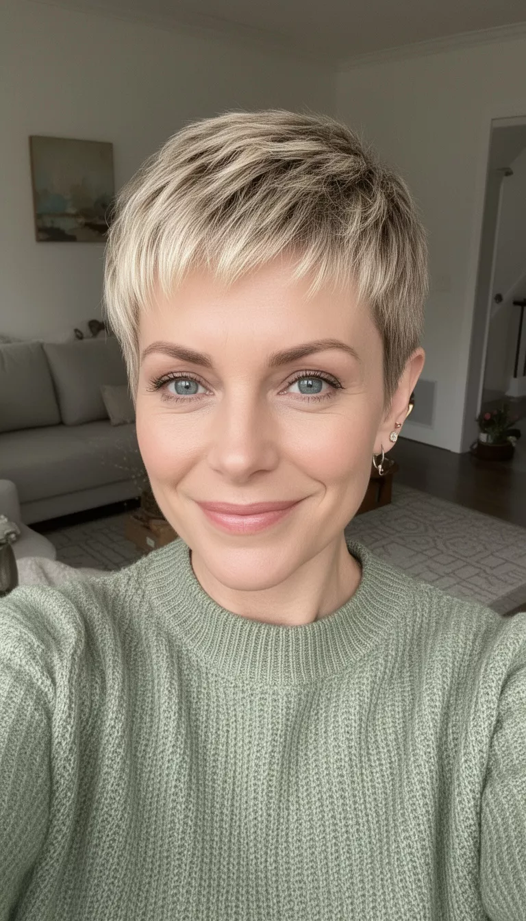 selfie of a 37-year-old woman wearing a sage green knit top with a Grown-Out Pixie hairstyle