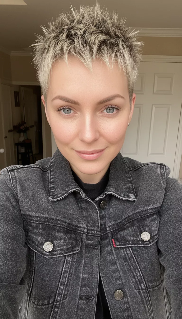 selfie of a 31-year-old woman wearing a washed black denim jacket with a Spiky Pixie hairstyle