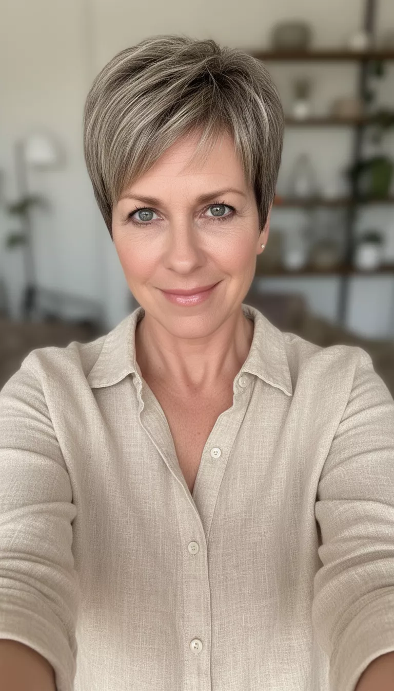 selfie of a 45-year-old woman wearing a linen button-down in beige with a Pixie 2.0 hairstyle